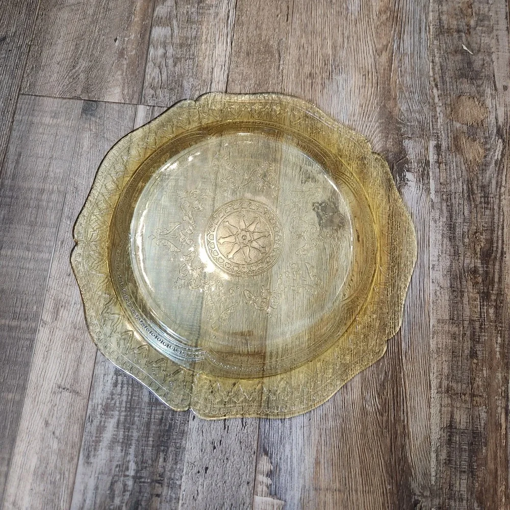 Vintage Amber Depression Glass Scalloped Serving Platter Embossed Floral 11 in